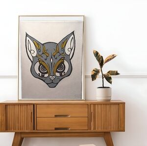 Gray and Gold Fox Cat Hand painted Wall Art